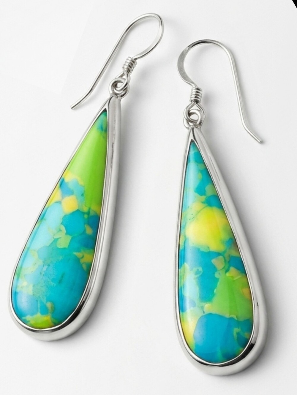 VINTAGE Sterling Silver 925 Enamel Teardrop Modernist Dangle Earrings